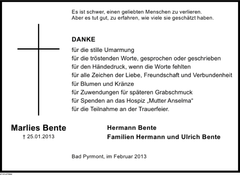  Traueranzeige für Marlies Bente vom 23.02.2013 aus Deister- und Weserzeitung