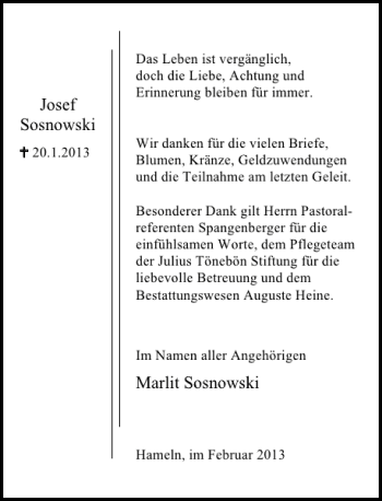 Traueranzeige von Marlit Sosnowski Josef Sosnowski von Deister- und Weserzeitung