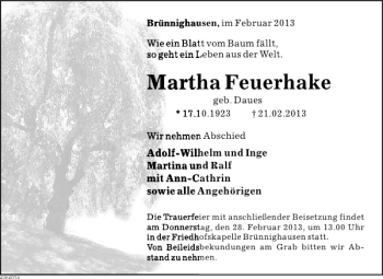 Traueranzeige von Martha Feuerhake von Deister- und Weserzeitung