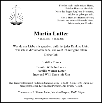 Traueranzeige von Martin Lutter von Deister- und Weserzeitung