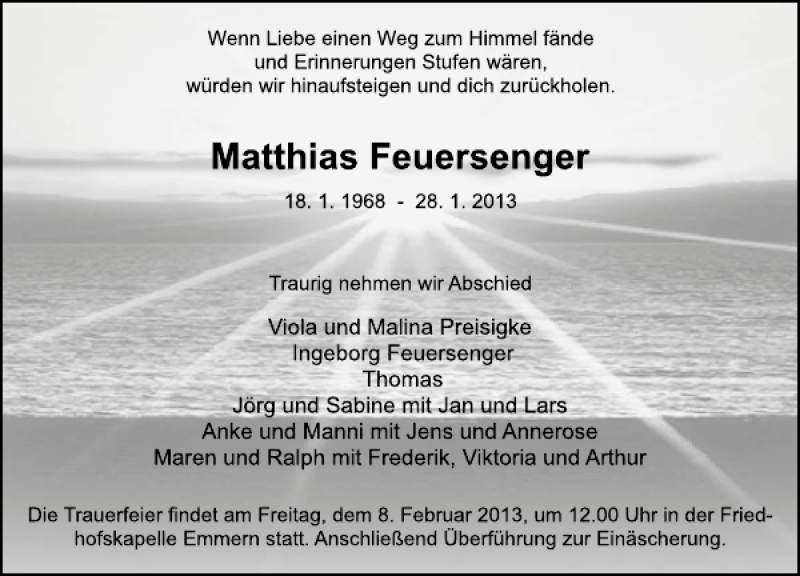  Traueranzeige für Matthias Feuersenger vom 02.02.2013 aus Deister- und Weserzeitung