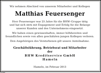 Traueranzeige von Matthias Feuersenger von Deister- und Weserzeitung