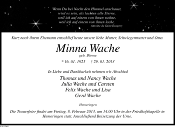 Traueranzeige von Minna Wache von Deister- und Weserzeitung