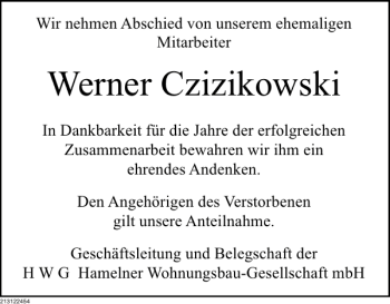 Traueranzeige von Nachruf Czizikowski von Deister- und Weserzeitung