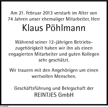 Traueranzeige von Nachruf Klaus Pöhlmann von Deister- und Weserzeitung