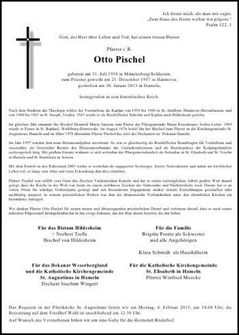 Traueranzeige von Otto Pischel von Deister- und Weserzeitung