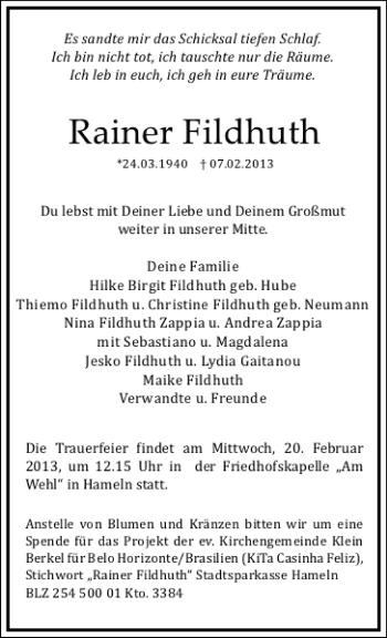 Traueranzeige von Rainer Fildhuth/Trauer/Familie von Deister- und Weserzeitung