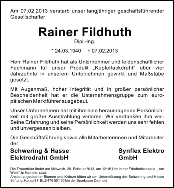 Traueranzeige von Rainer Fildhuth von Deister- und Weserzeitung