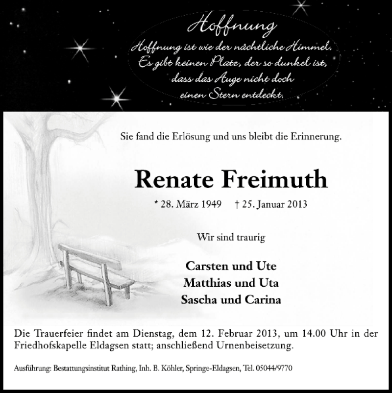  Traueranzeige für Renate Freimuth vom 09.02.2013 aus Neue Deister-Zeitung
