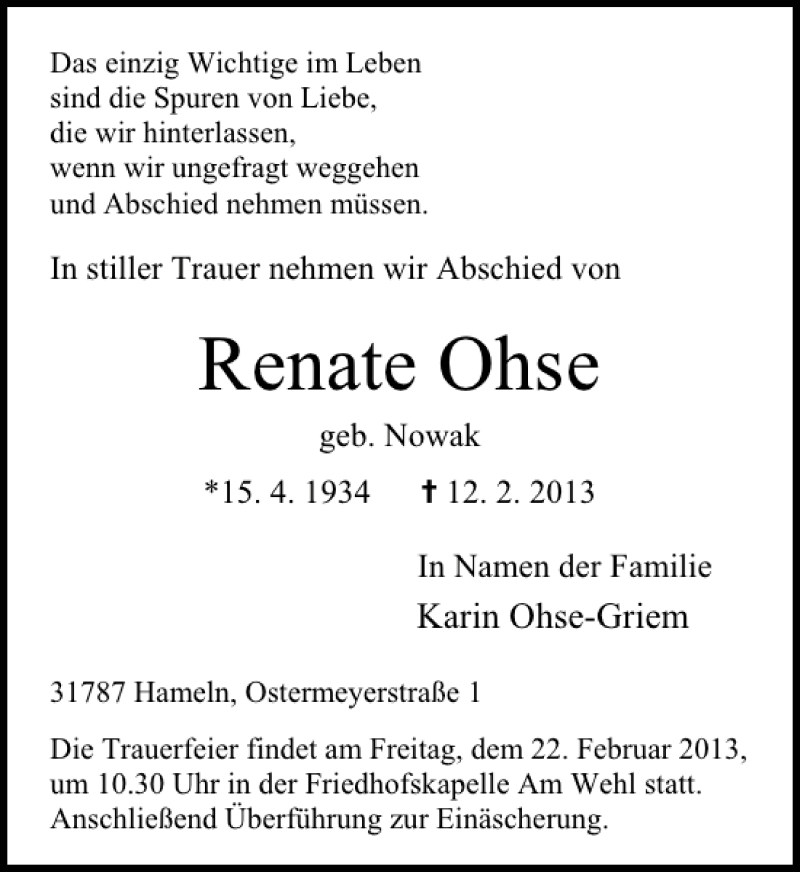  Traueranzeige für Renate Ohse vom 16.02.2013 aus Deister- und Weserzeitung