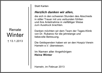 Traueranzeige von Renate Winter von Deister- und Weserzeitung