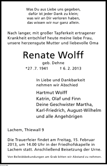Traueranzeige von Renate Wolff von Deister- und Weserzeitung