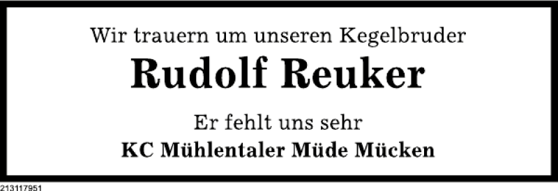  Traueranzeige für Rudolf Reuker vom 02.02.2013 aus Deister- und Weserzeitung