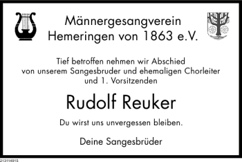 Traueranzeige von Rudolf Reuker von Deister- und Weserzeitung