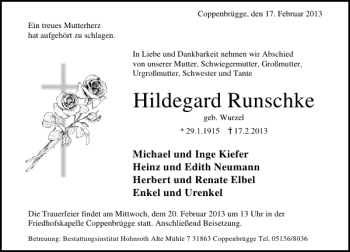 Traueranzeige von Runschke Hildegard von Deister- und Weserzeitung