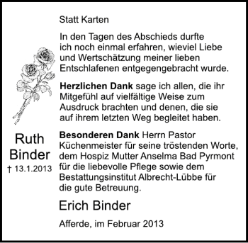 Traueranzeige von Ruth Binder von Deister- und Weserzeitung