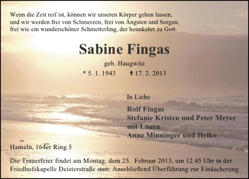  Traueranzeige für Sabine Fingas vom 21.02.2013 aus Deister- und Weserzeitung