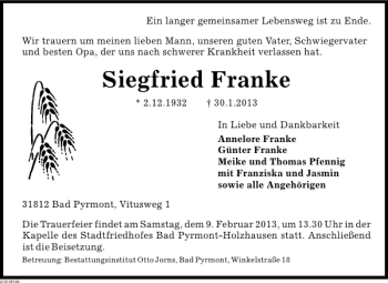 Traueranzeige von Siegfried Franke von Deister- und Weserzeitung