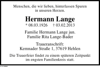 Traueranzeige von TA Hermann Lange von Deister- und Weserzeitung