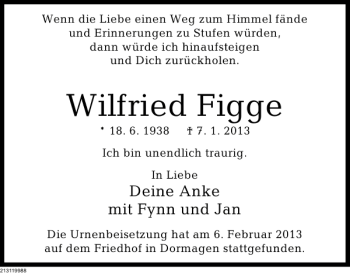 Traueranzeige von TA Wilfried Figge von Deister- und Weserzeitung