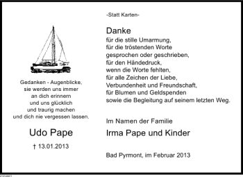 Traueranzeige von Udo Pape von Deister- und Weserzeitung