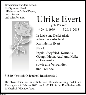 Traueranzeige von Ulrike Evert von Deister- und Weserzeitung