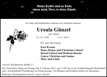 Traueranzeige von Ursula Günzel von Deister- und Weserzeitung