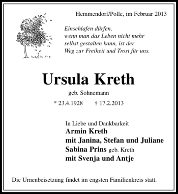 Traueranzeige von Ursula Kreth von Deister- und Weserzeitung
