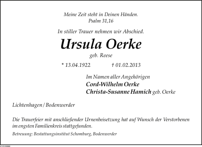  Traueranzeige für Ursula Oerke vom 16.02.2013 aus Deister- und Weserzeitung