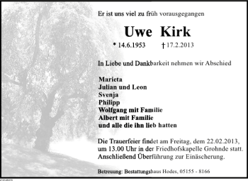 Traueranzeige von Uwe Kirk von Deister- und Weserzeitung