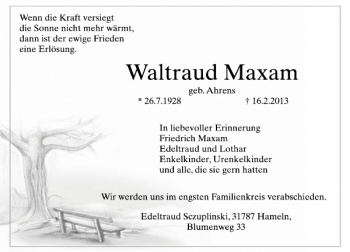 Traueranzeige von Waltraud Maxam von Deister- und Weserzeitung