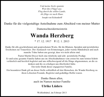 Traueranzeige von Wanda Herzberg von Deister- und Weserzeitung