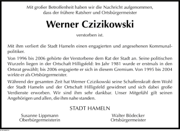 Traueranzeige von Werner Czizikowski von Deister- und Weserzeitung