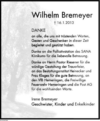 Traueranzeige von Wilhelm Bremeyer von Deister- und Weserzeitung