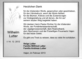 Traueranzeige von Wilhelm Lutter von Deister- und Weserzeitung