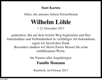Traueranzeige von Wilhelm Löhle von Deister- und Weserzeitung