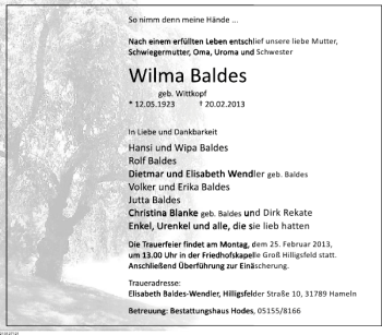 Traueranzeige von Wilma Baldes von Deister- und Weserzeitung