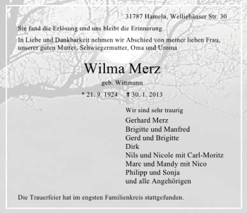 Traueranzeige von Wilma Merz von Deister- und Weserzeitung