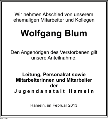 Traueranzeige von Wolfgang Blum von Deister- und Weserzeitung
