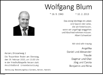 Traueranzeige von Wolfgang Blum von Deister- und Weserzeitung
