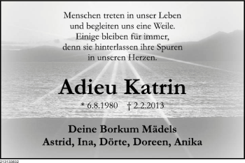 Traueranzeige von Adieu Katrin von Deister- und Weserzeitung