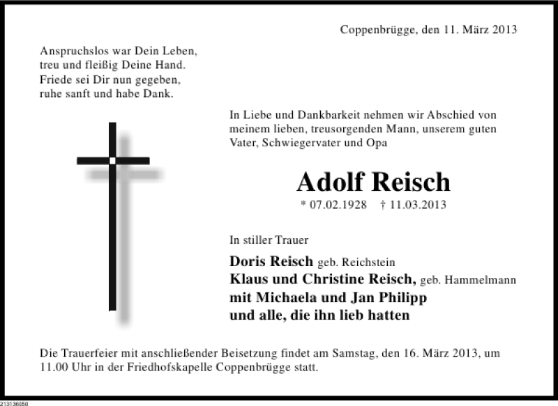  Traueranzeige für Adolf Reisch vom 14.03.2013 aus Deister- und Weserzeitung