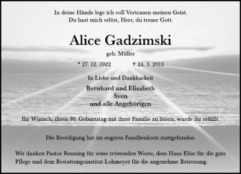 Traueranzeige von Alice Gadzimski von Deister- und Weserzeitung
