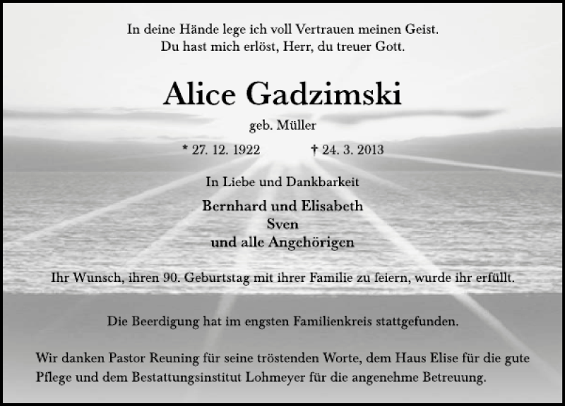  Traueranzeige für Alice Gadzimski vom 30.03.2013 aus Deister- und Weserzeitung