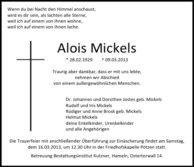  Traueranzeige für Alois Mickels vom 14.03.2013 aus Deister- und Weserzeitung