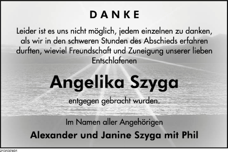  Traueranzeige für Angelika Szyga vom 16.03.2013 aus Deister- und Weserzeitung
