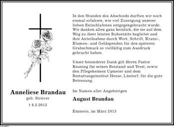 Traueranzeige von Anneliese Brandau von Deister- und Weserzeitung