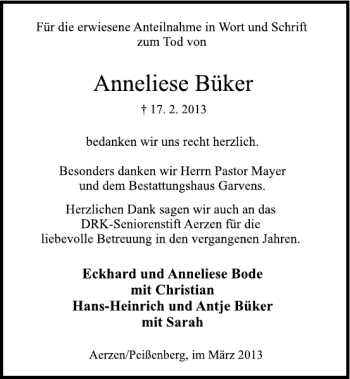 Traueranzeige von Anneliese Büker von Deister- und Weserzeitung