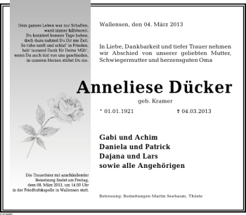 Traueranzeige von Anneliese Dücker von Deister- und Weserzeitung