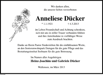 Traueranzeige von Anneliese Dücker von Deister- und Weserzeitung